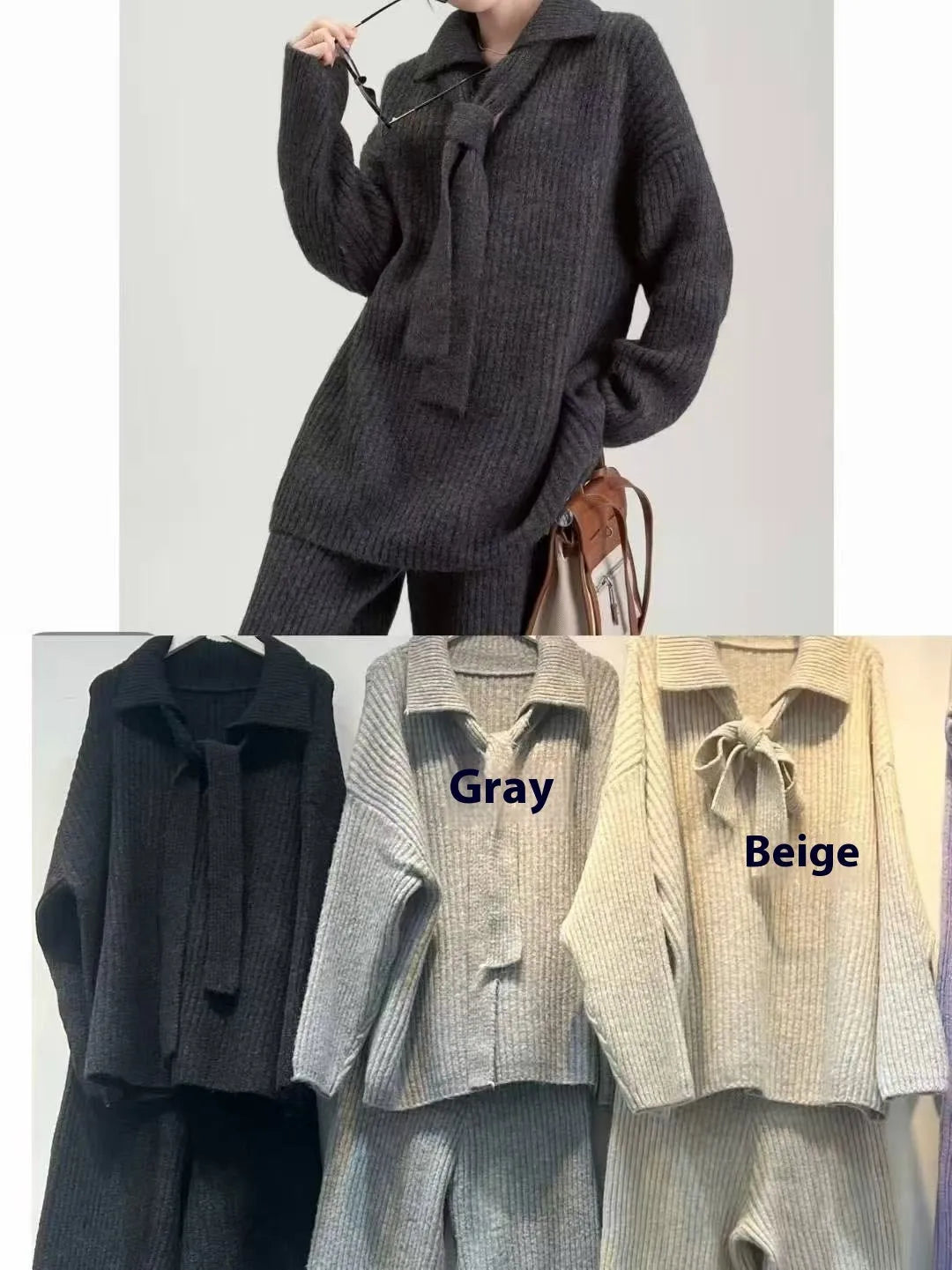 Acrylic imitation cashmere sweater suit two-piece set with collared top and trousers in beige.