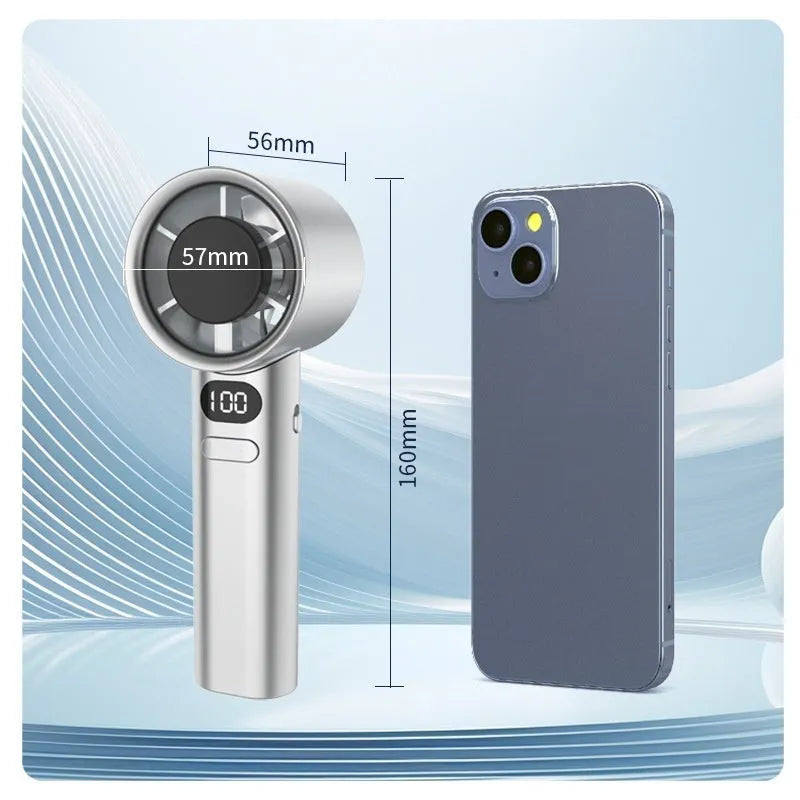 Handheld personal fan showing variable speed control and brushless motor design in choice of four colours