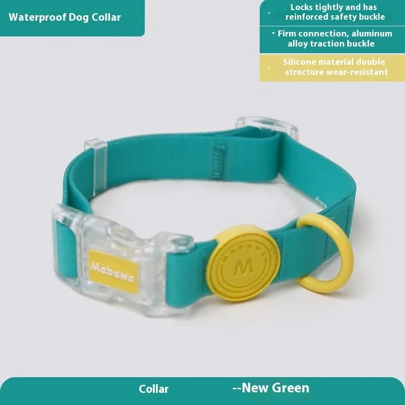 Nylon dog collar and leash set in rose pink, showing clip and length options.