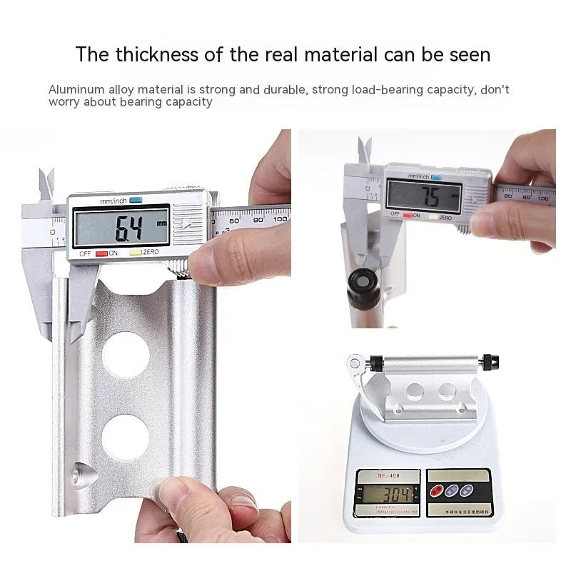 Silver metal quick-release clamp for securing a bicycle front fork during transport.