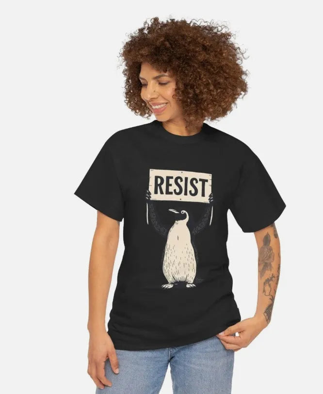 A loose-fit cotton t-shirt for men and women in black, shown on a hanger.