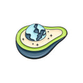 Colourful cartoon fruit and letter design metal brooch pin on a white background.