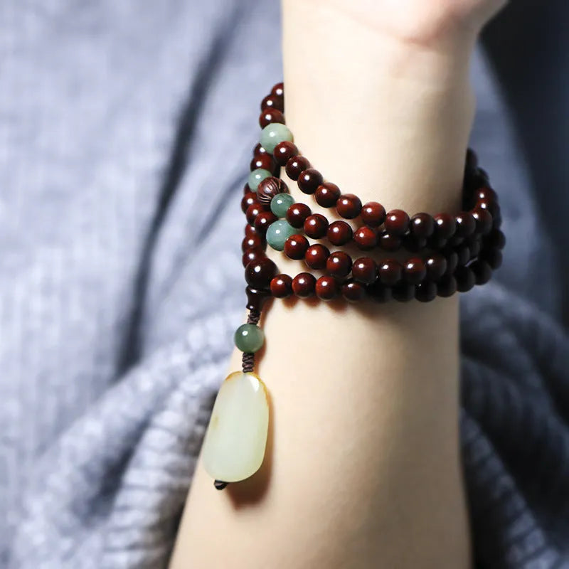 Rosewood bead bracelet with carved Hotian Jade pendant in national style design