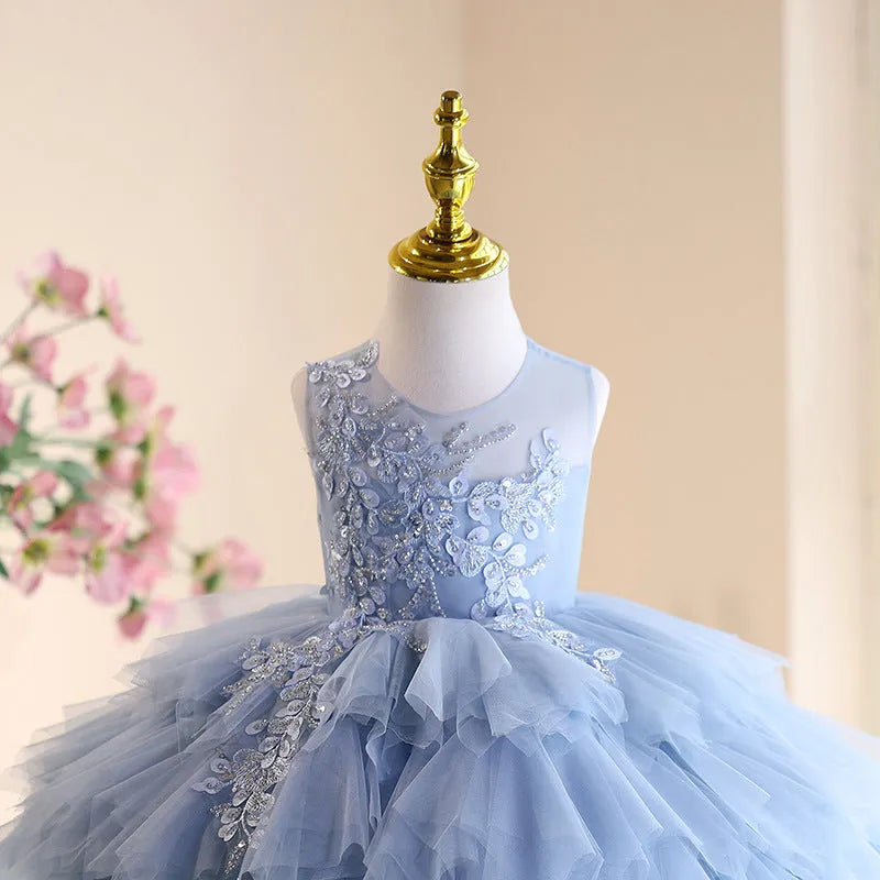Blue tulle tutu princess dress for children, polyester fabric, birthday party wear, sizes 80cm-150cm