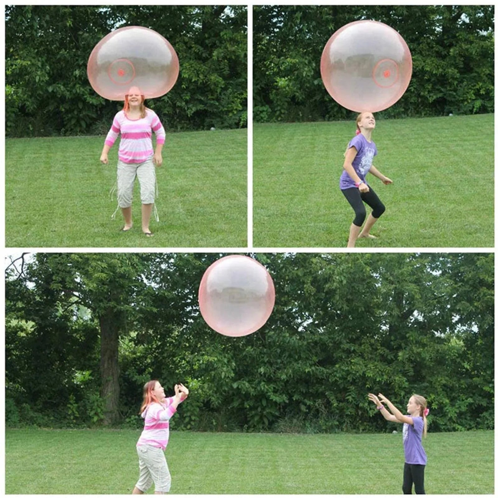 Large pink inflatable bubble ball on grass, showing its size and smooth TPR surface.