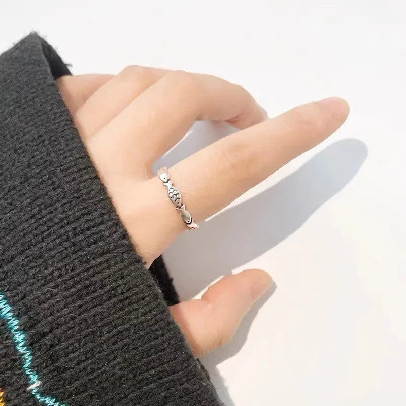 Women's adjustable S925 sterling silver fish ring with electroplated vintage finish and carp design