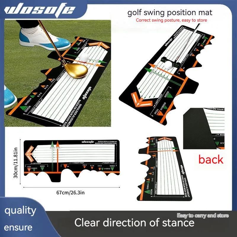 Black neoprene golf swing stance training pad on a green surface.