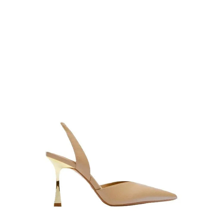 Apricot and black patent leather pointed toe high heels for women with a shallow mouth design.