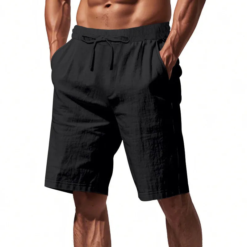 Men's linen beach shorts in solid colour, loose casual straight-leg five length, elasticated waist, summer