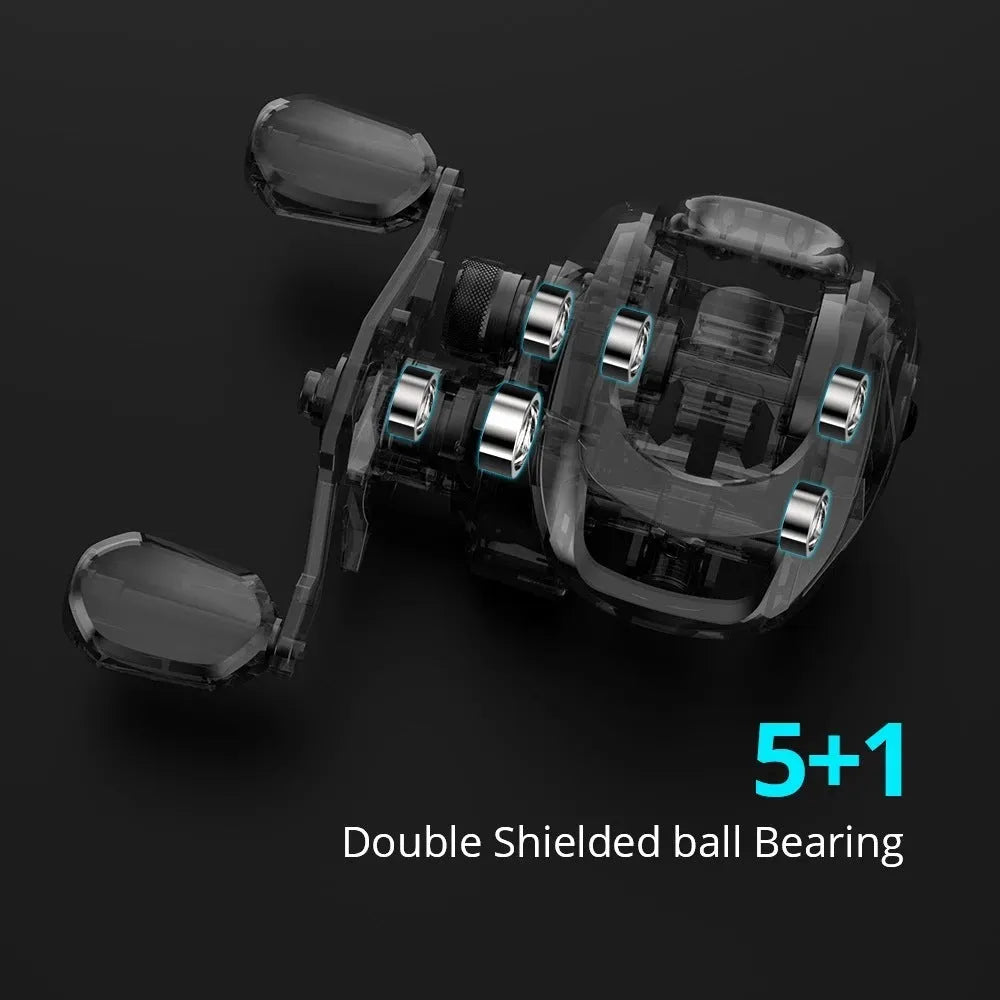 Drip wheel fishing reel with rocking wheel line system, shown in left-handed and right-handed options.