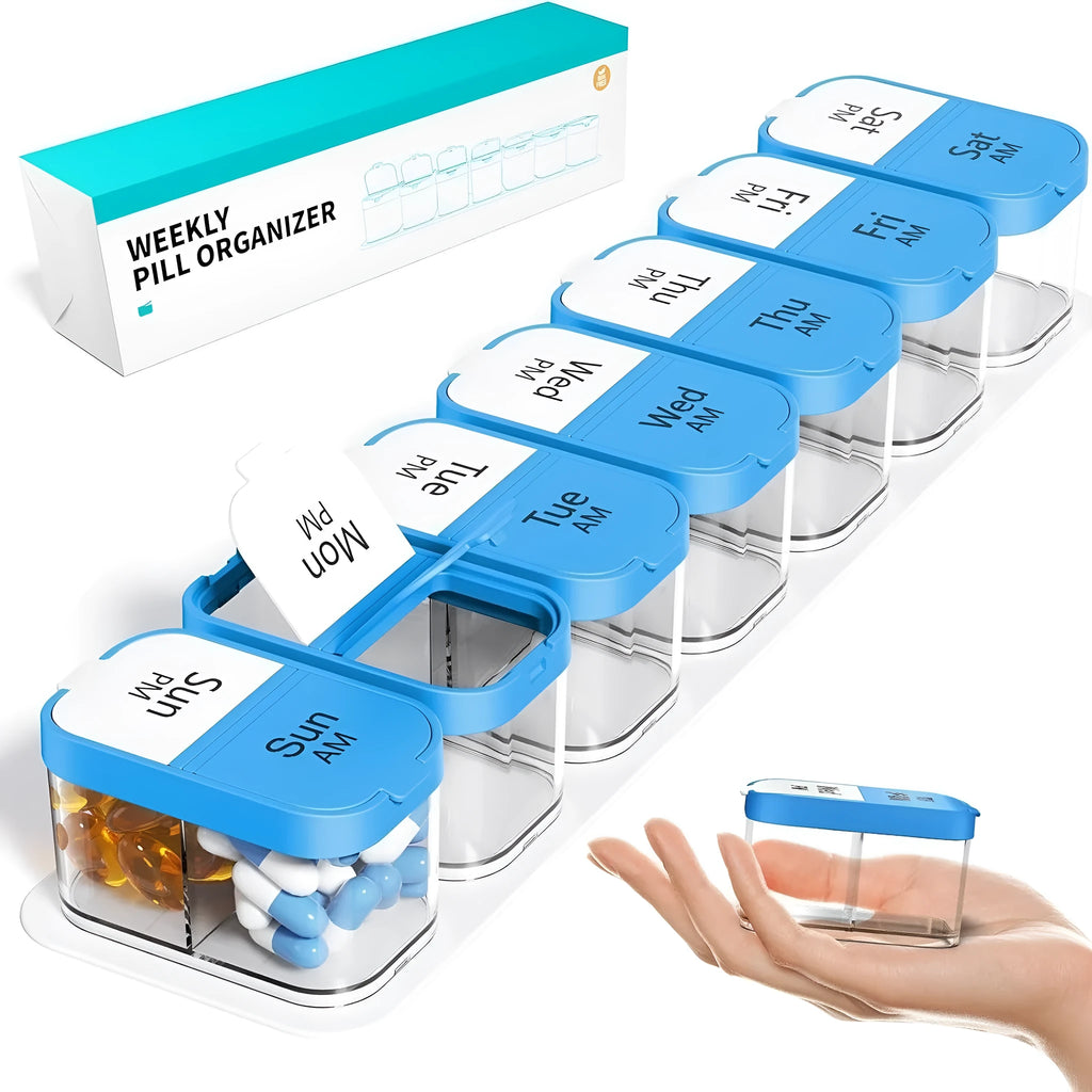 Large white plastic pill organiser box with 14 compartments, shown disassembled into separate sections.
