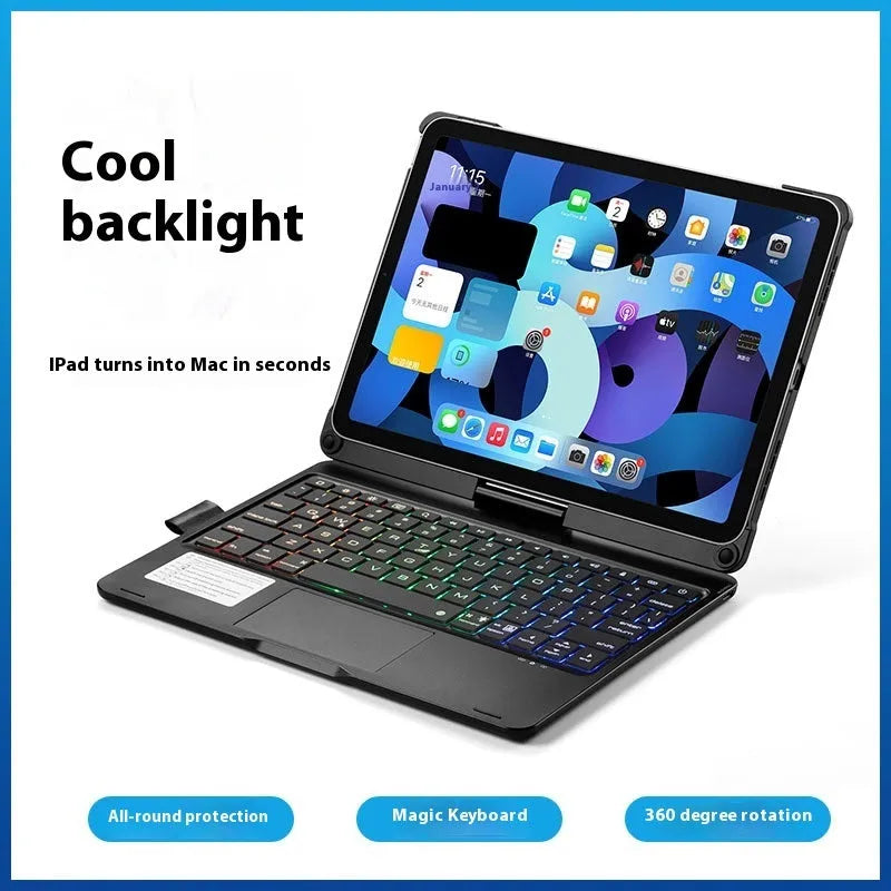Miaocontrol silver rotating Bluetooth keyboard attached to an iPad tablet showing a 45-degree angle.