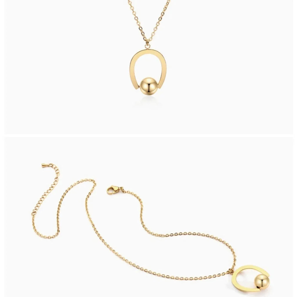 Adjustable stainless steel necklace with geometric pendant on a cross chain in gold or silver.