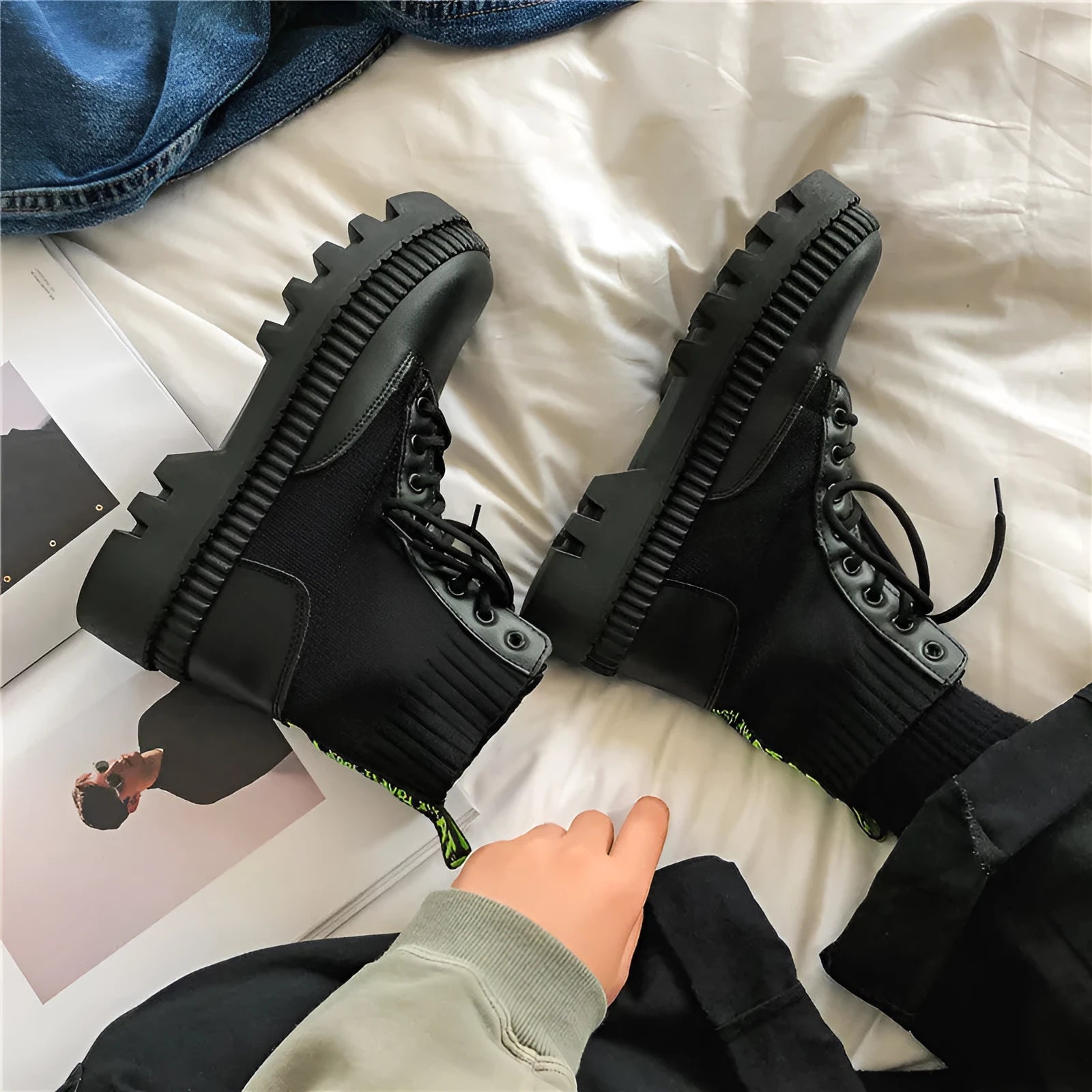 Black men's high-top platform ankle boots with side zipper on frosted cowhide leather.