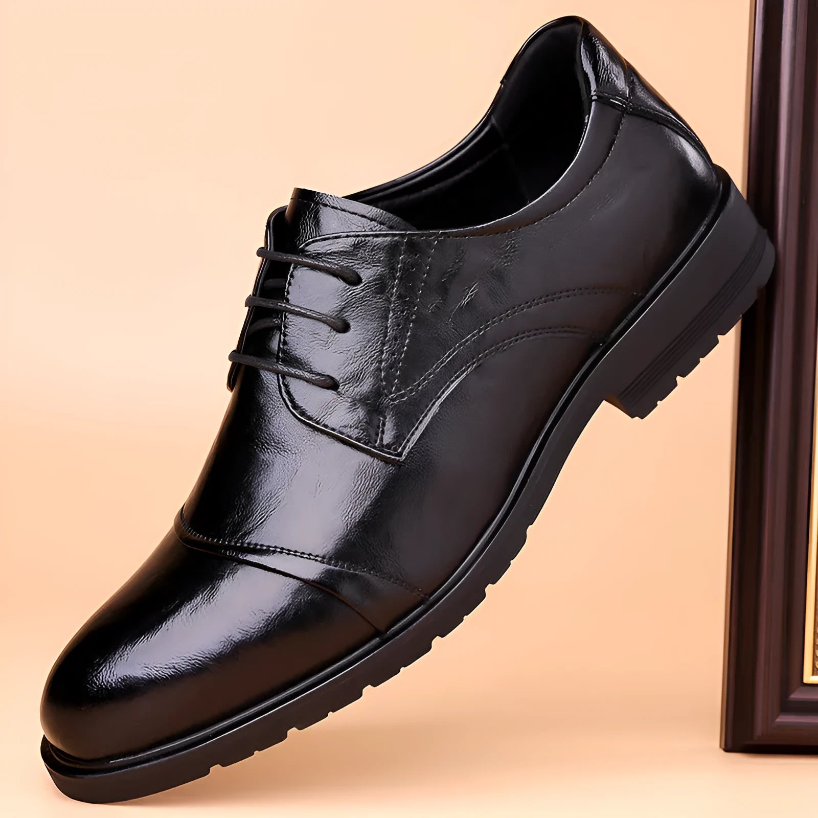 Men's business formal leather shoes with cow split leather upper, pointed toe, black colour, low shoe height on a white background