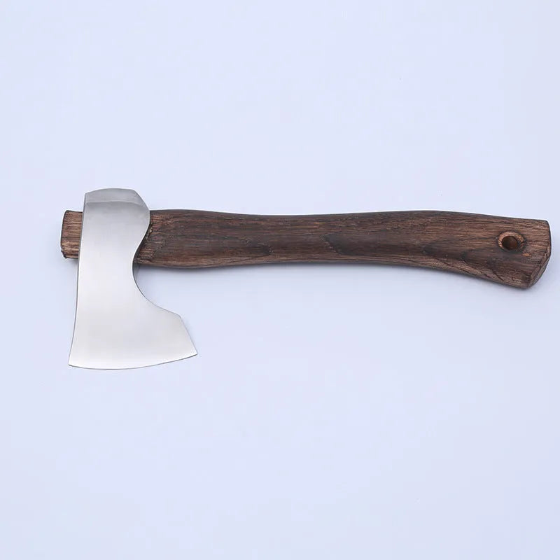 Camping axe with wooden handle and high carbon steel head, measuring 250mm long