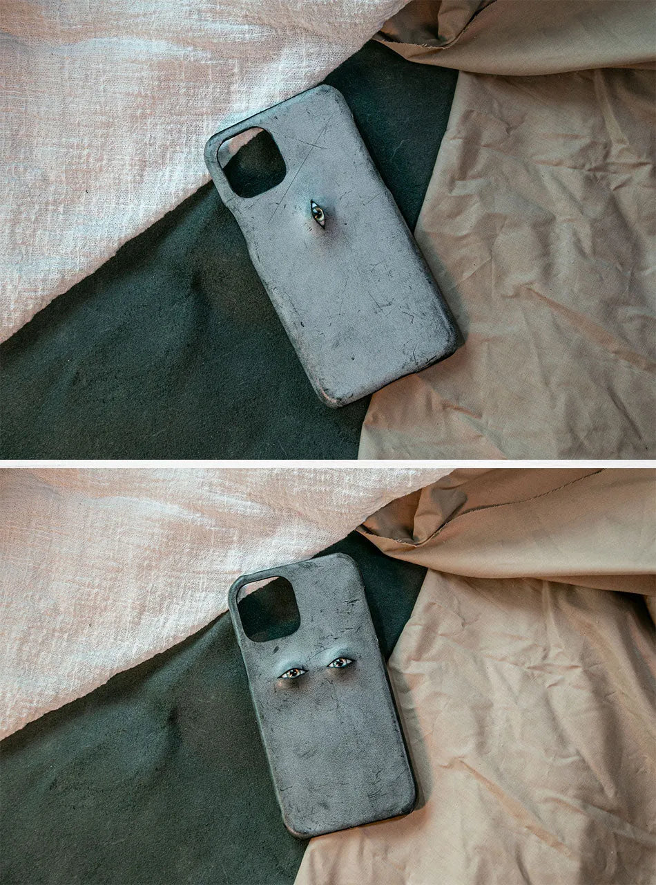 Vintage distressed cowhide leather phone case with textured grip, compatible with iPhone models 15 to 8 Plus, single eye style