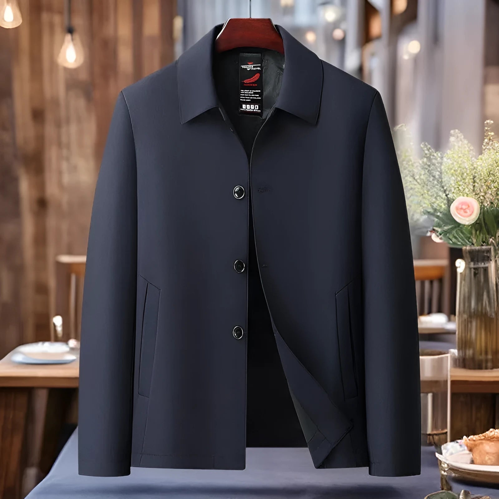 Men's business casual button-down lapel jacket in navy blue, slim fit, wrinkle-resistant, with long sleeves and side pockets.