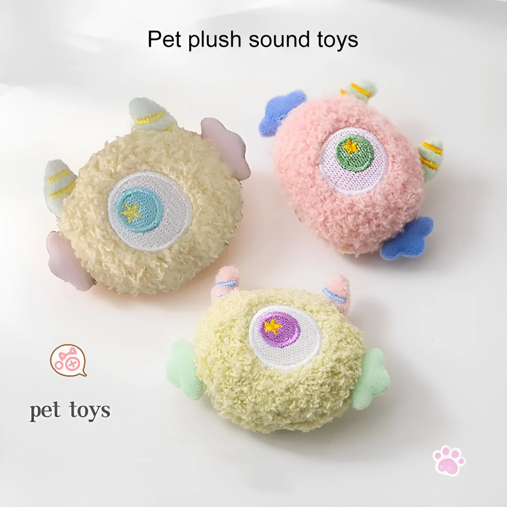 Cartoon-shaped plush dog chew toy with large eyes and squeaky sound feature