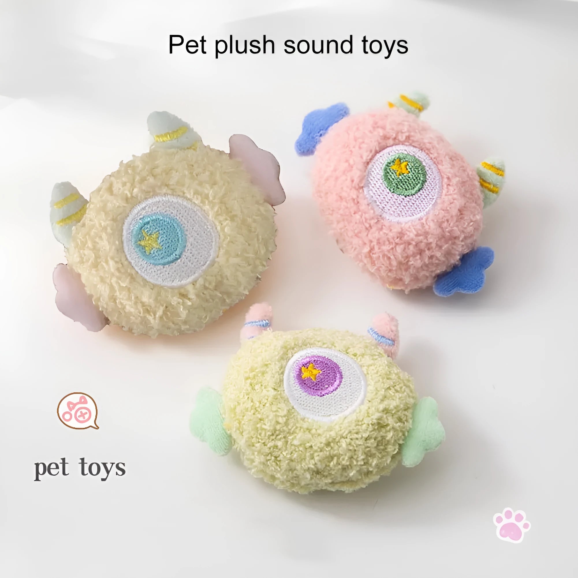 Cartoon-shaped plush dog chew toy with large eyes and squeaky sound feature