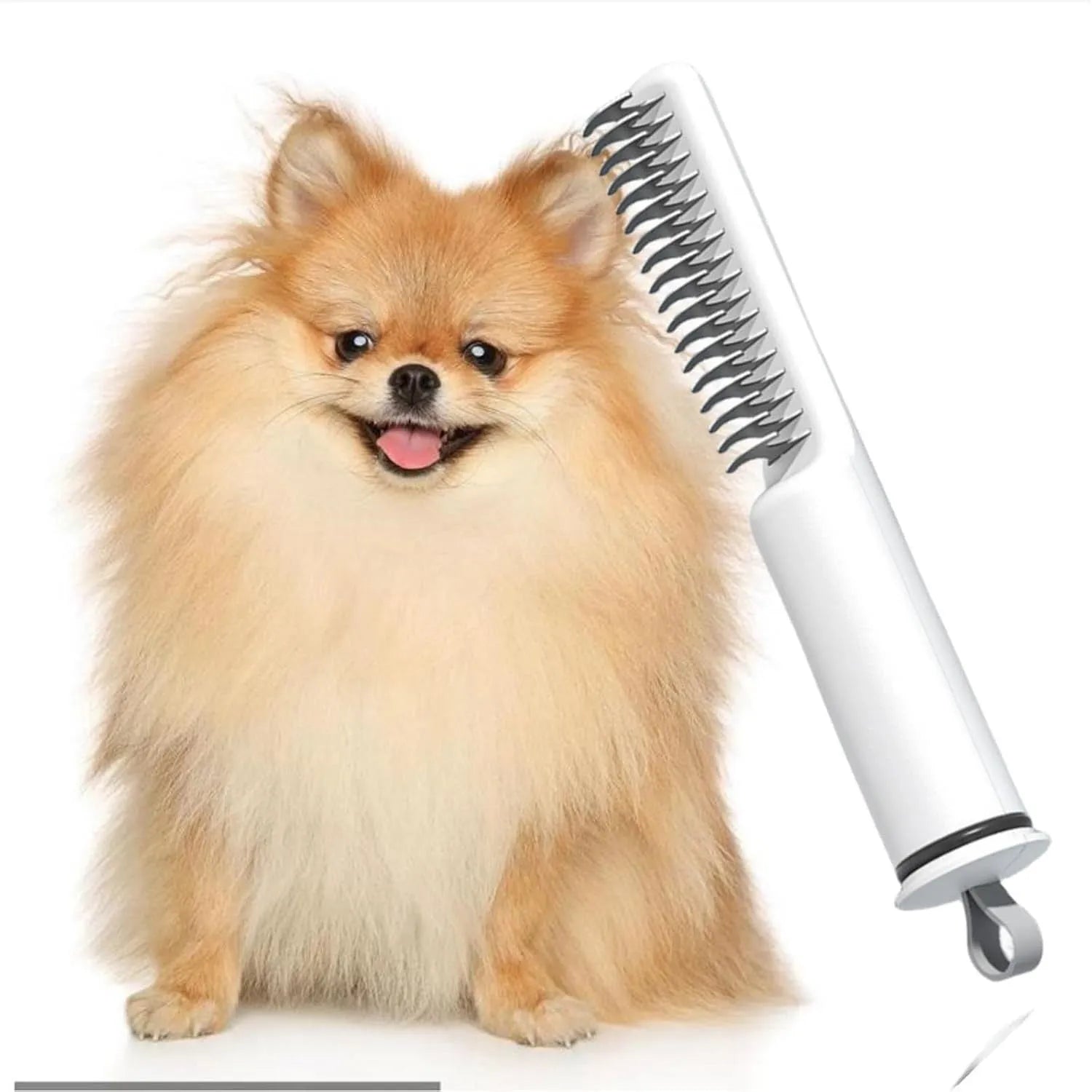 Stainless steel pet dematting comb with ergonomic handle for removing dog hair knots and mats.
