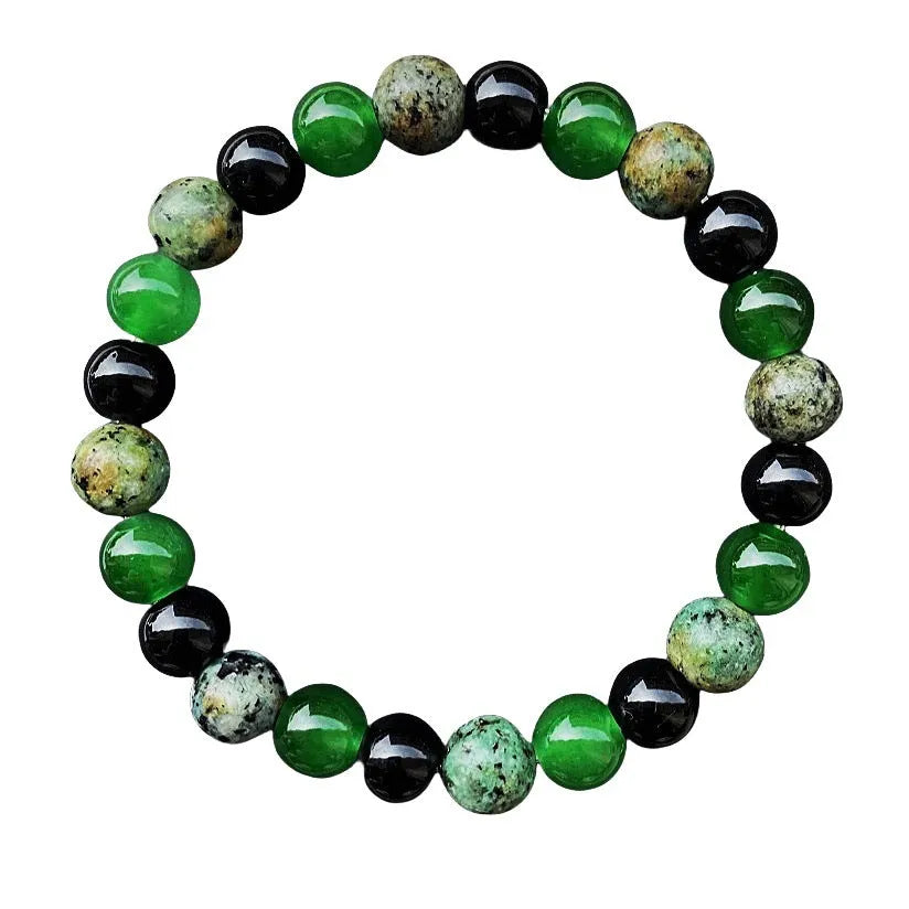 Men's casual green onyx obsidian crystal bracelet with 8mm handmade artificial crystal beads on a wrist