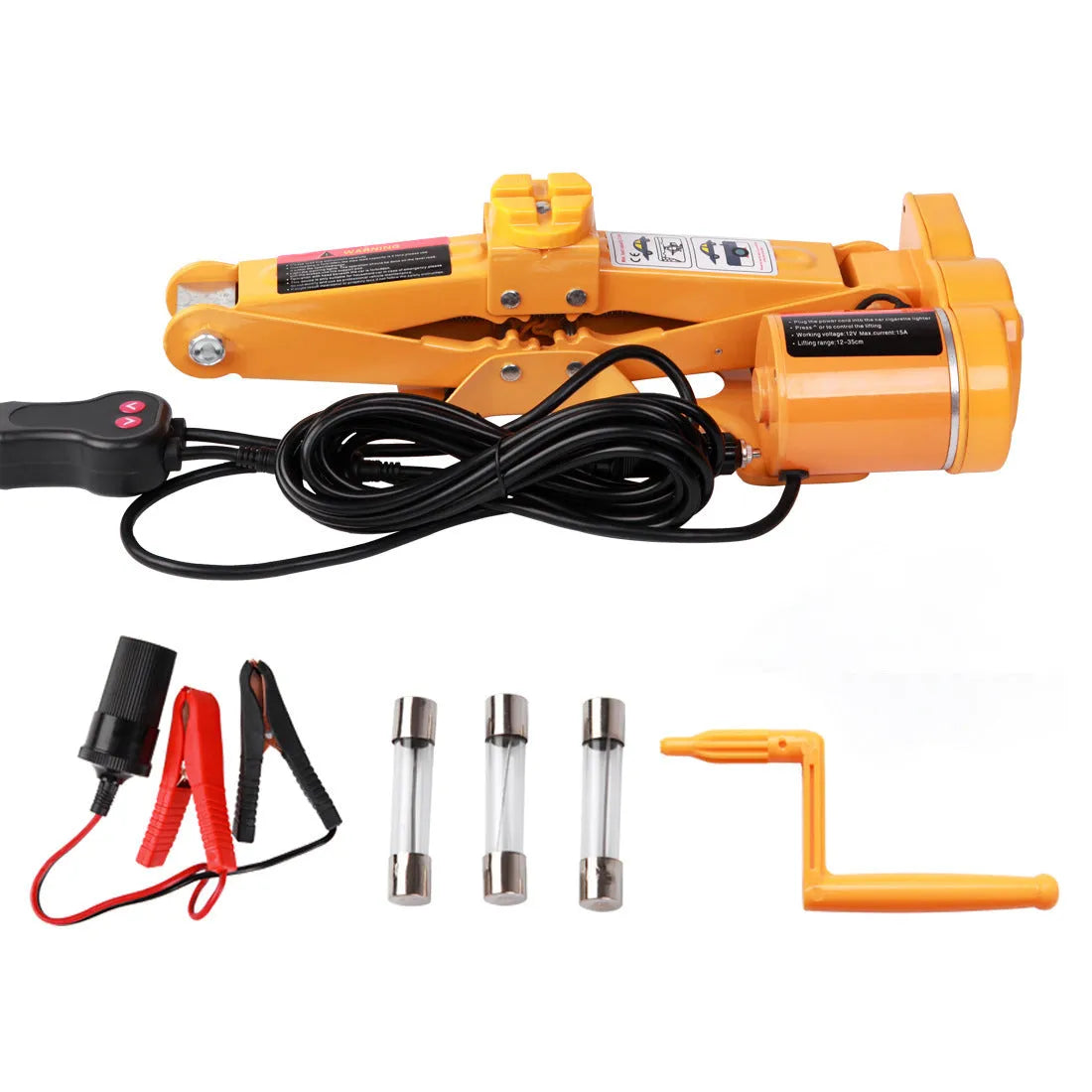 Electric hydraulic car jack with control unit showing 2-ton capacity and height adjustment