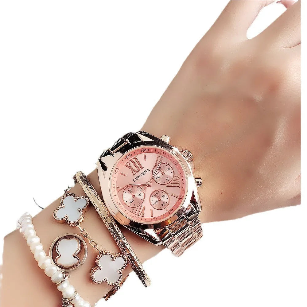 Women's silver rose gold diamond quartz mesh strap watch with 15mm thick case
