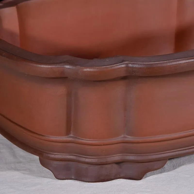 Antique Chinese style purple clay rectangular flowerpot with tree stump and floral relief pattern, 71cm long