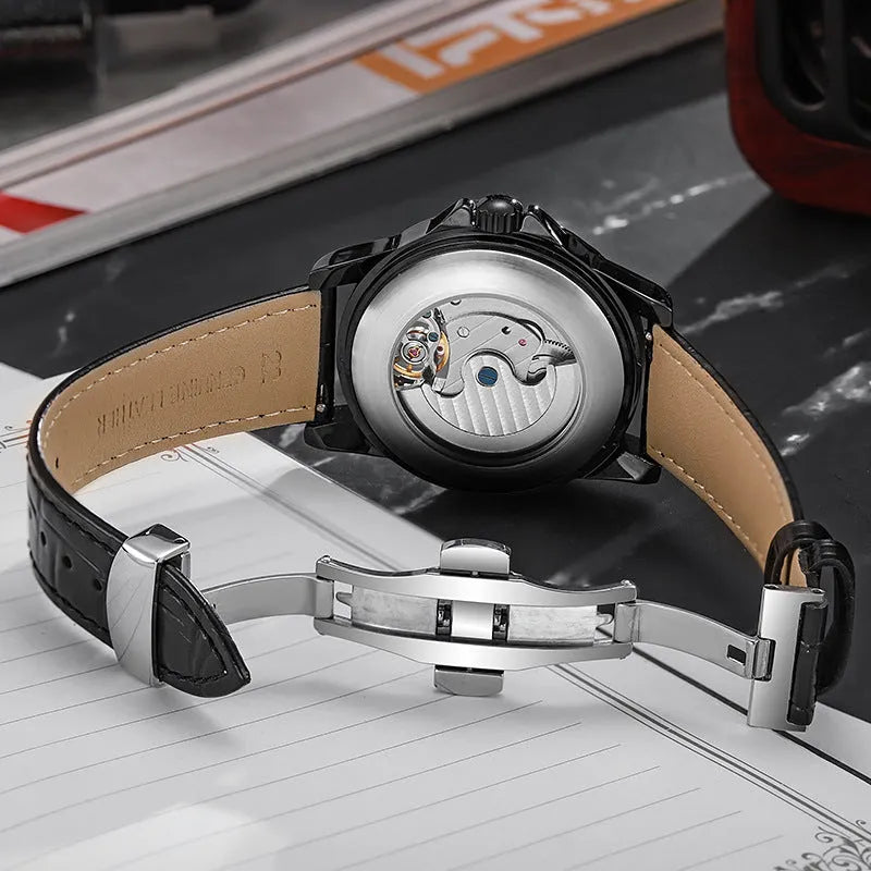 Men's waterproof automatic watch with luminous hands on a stainless steel bracelet.