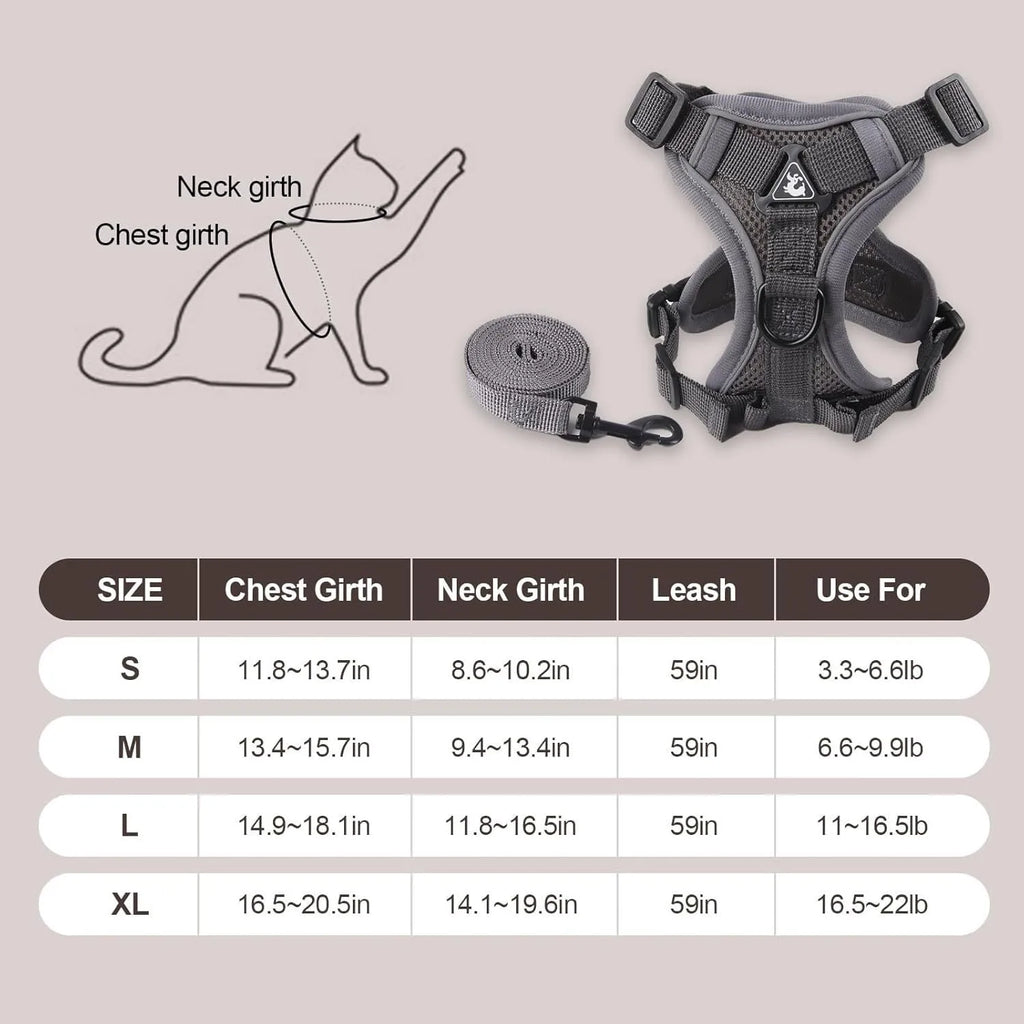 Adjustable mesh cat harness with reflective strips in blue, coffee and grey colours