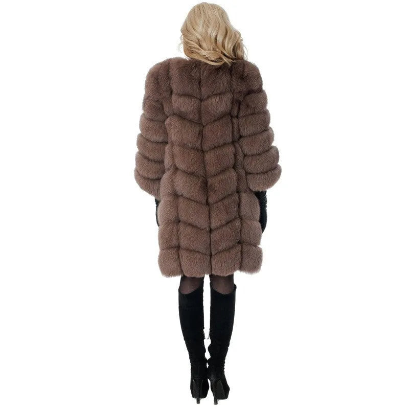 Women's thick artificial fur coat in wine red colour showing full 80cm length and regular sleeves
