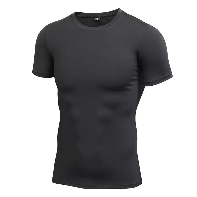 Men's solid colour stretch quick-dry short-sleeved fitness shirt in polyester fabric
