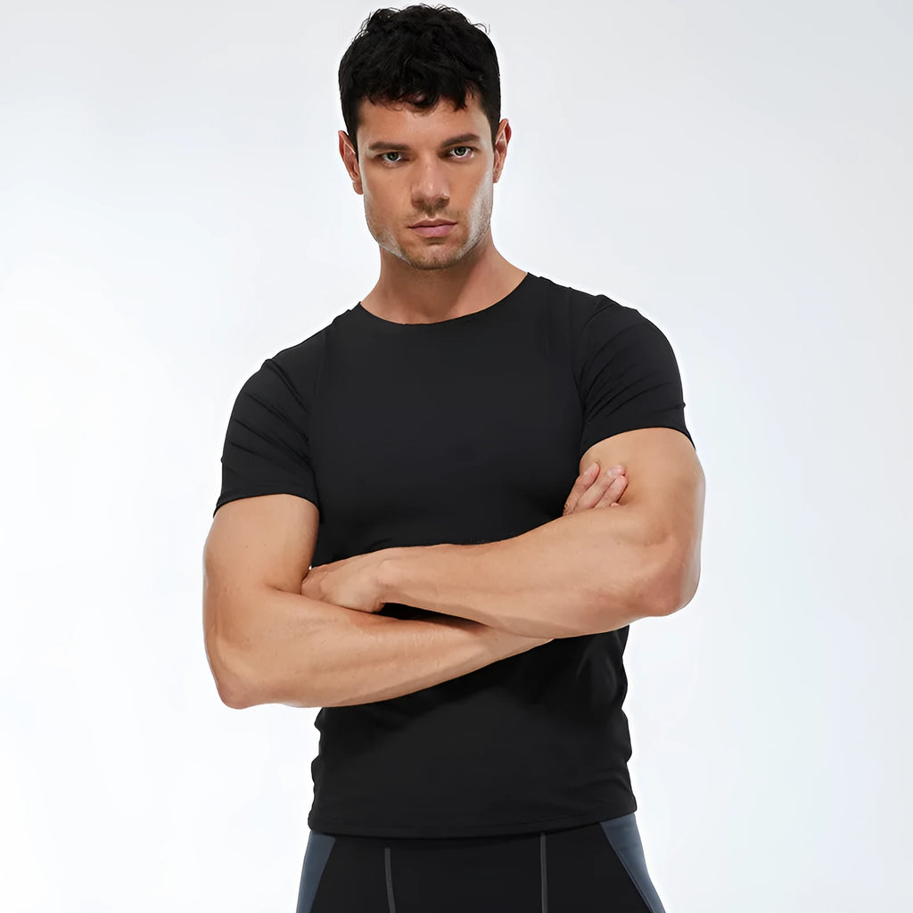Men's solid colour stretch quick-dry short-sleeved fitness shirt in polyester fabric