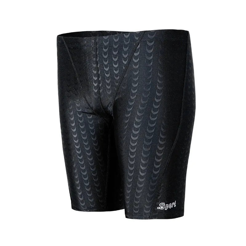 Men's solid colour waterproof polyester swimming trunks for beach and surf, shown in larger sizes.