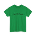 Green women's short sleeve cotton tee with printed white letters and patterns on a hanger