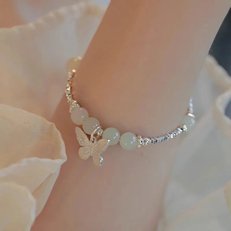 Hetian jade butterfly bracelet and necklace set with electroplated silver finish