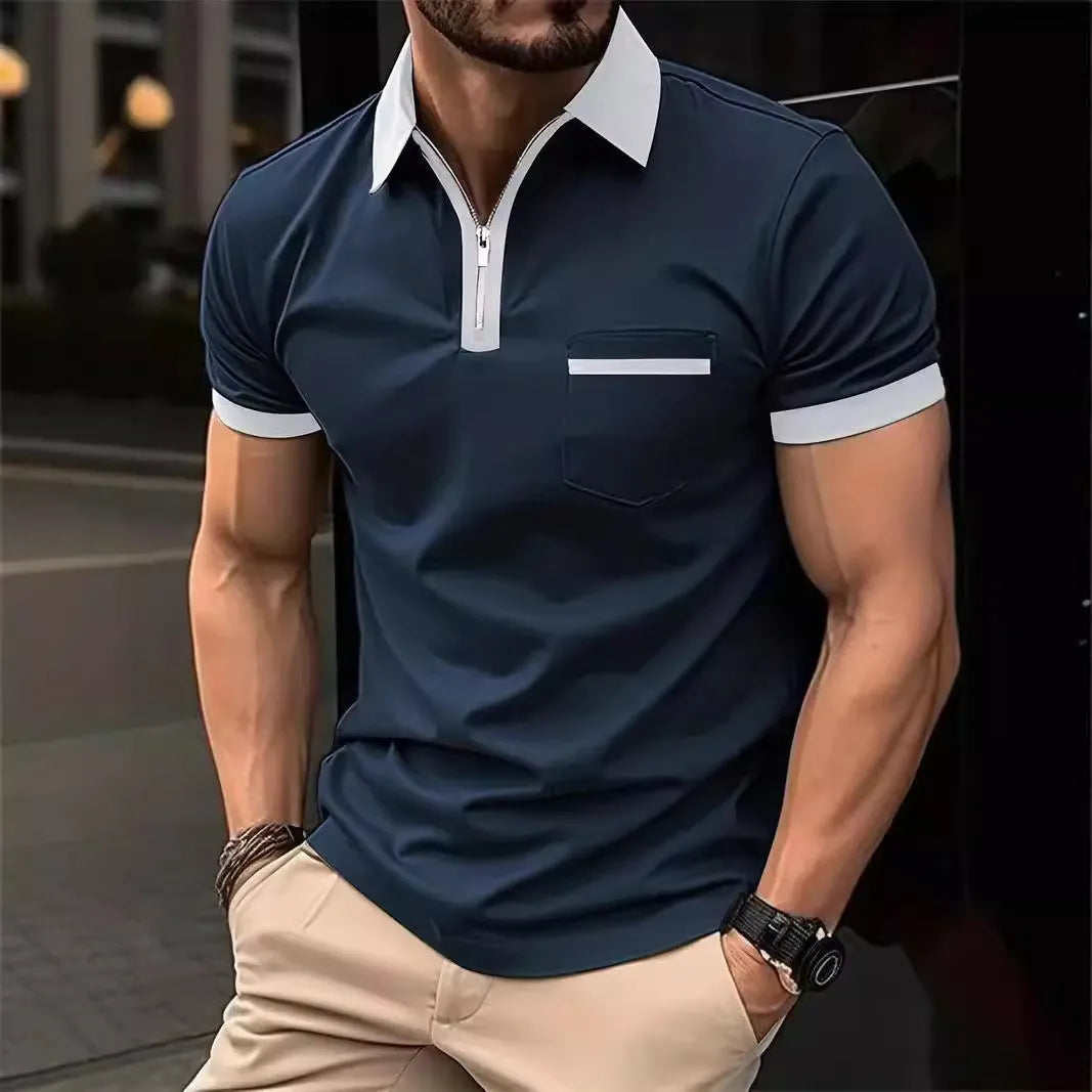 Man wearing a loose-fit casual short sleeve shirt with a chest pocket and contrast collar.
