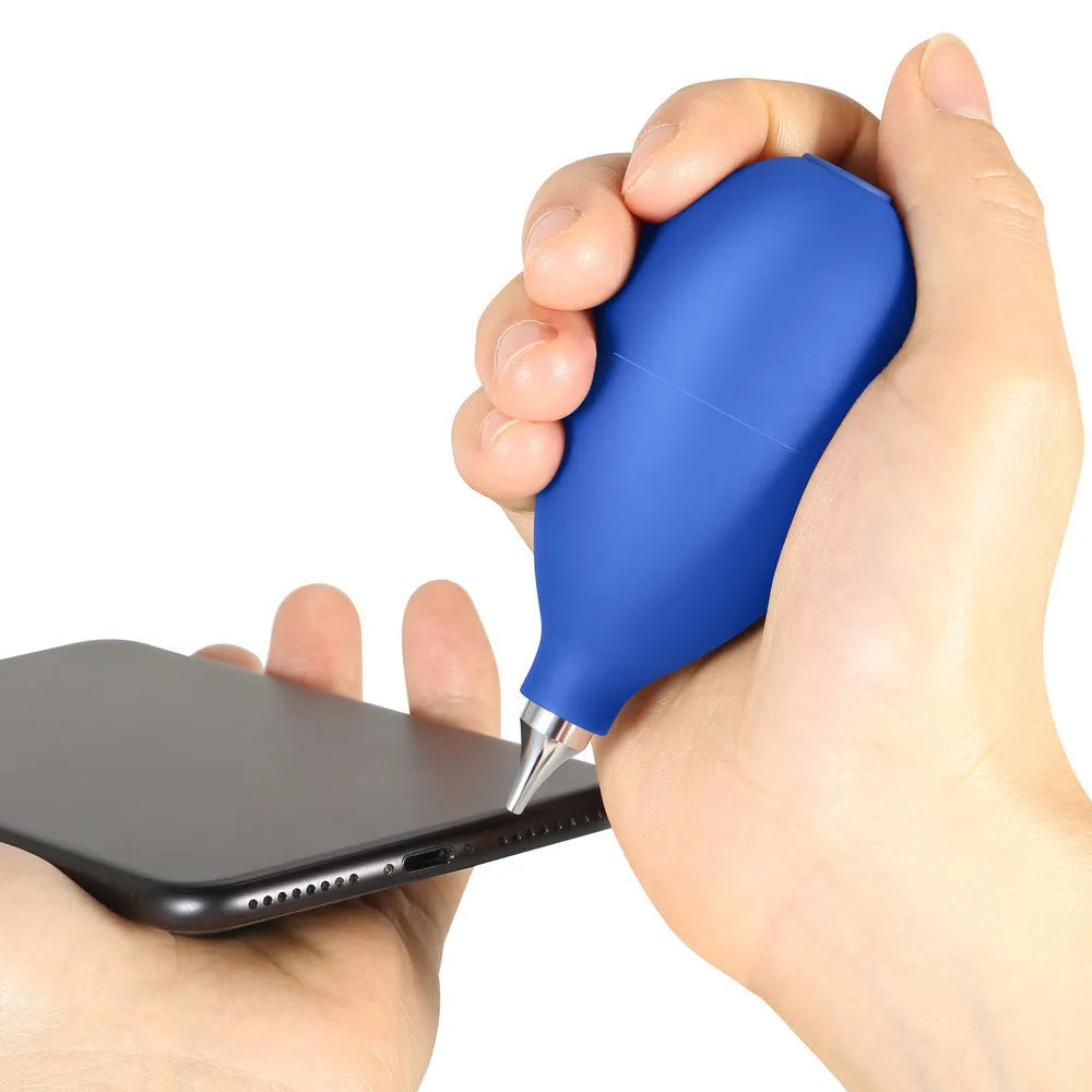 Blue handheld rubber dust removal blower ball for cleaning camera lenses and mobile phones.