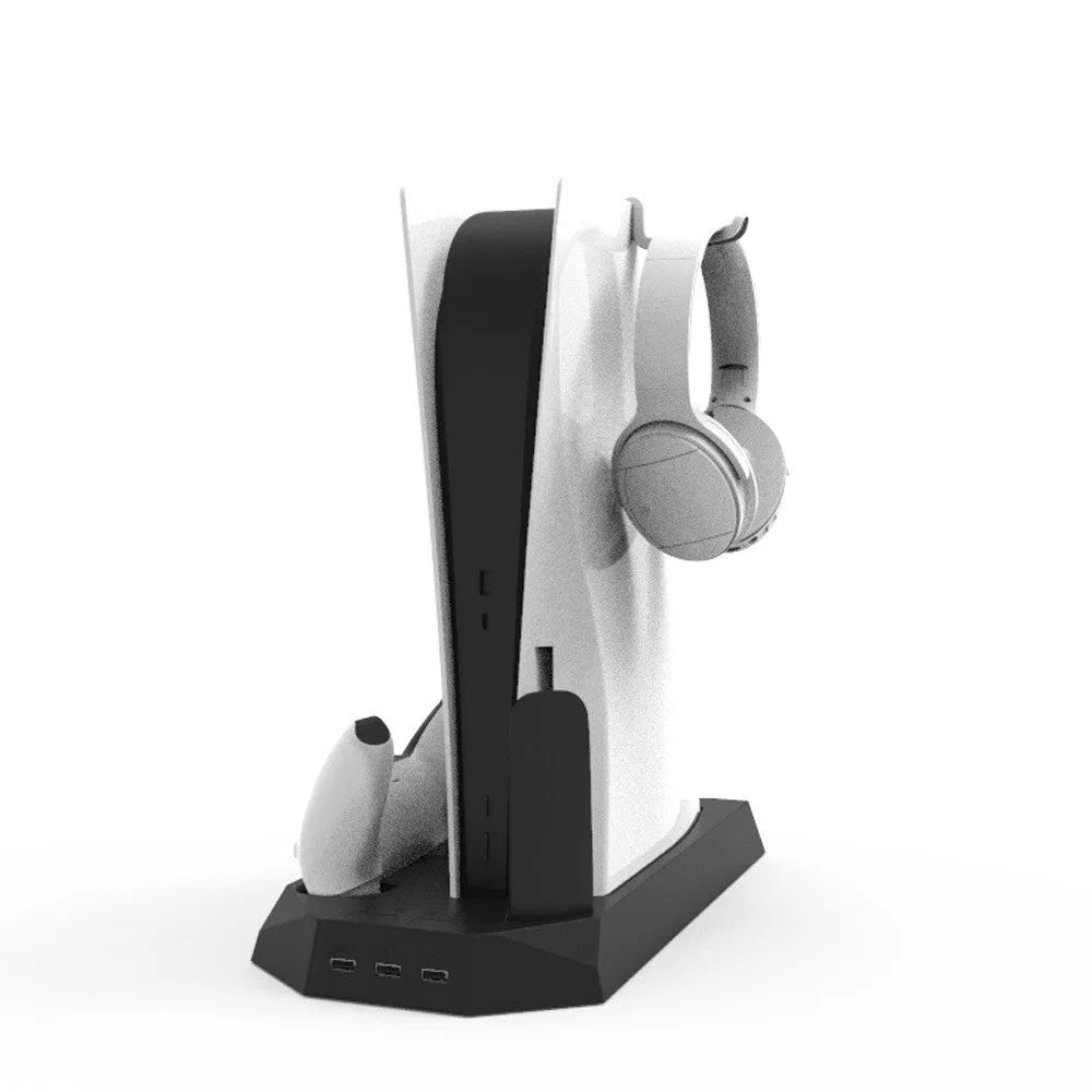 PS5 charging base and radiator stand in black with controller charging dock and headphone hook