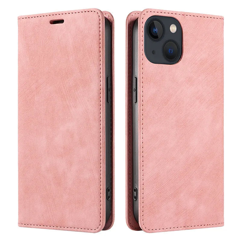 Magnetic flip phone case for iPhone in leather and TPU, shown in multiple colour options.