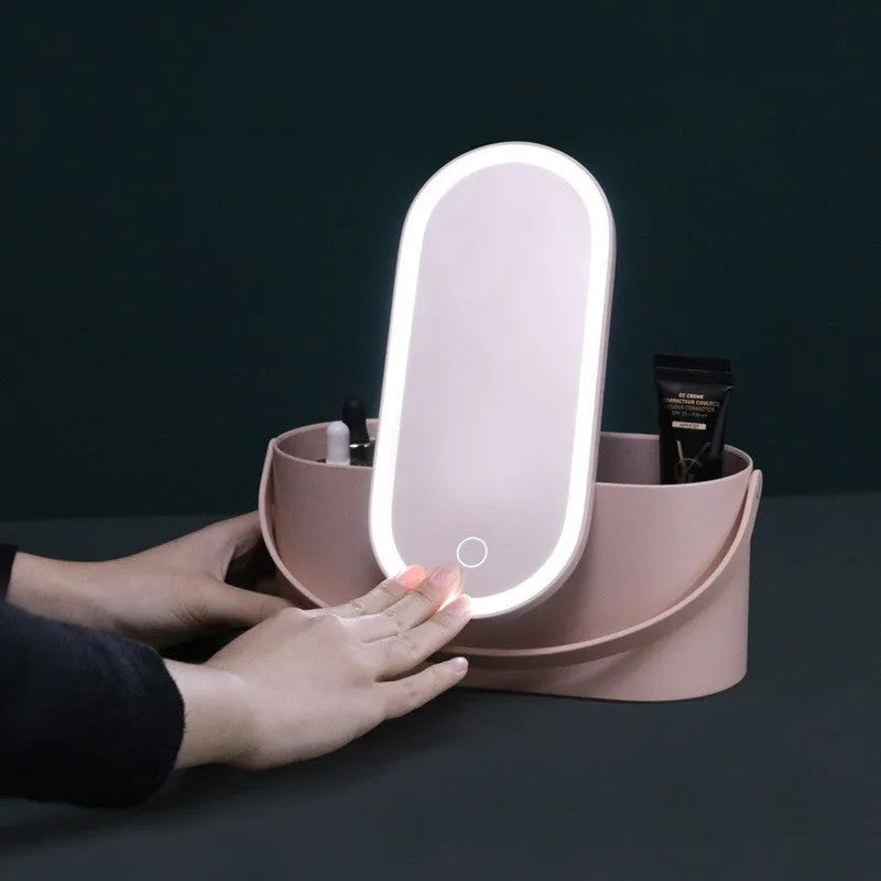 Portable LED light storage box beauty mirror with aluminium reflective surface and storage compartments