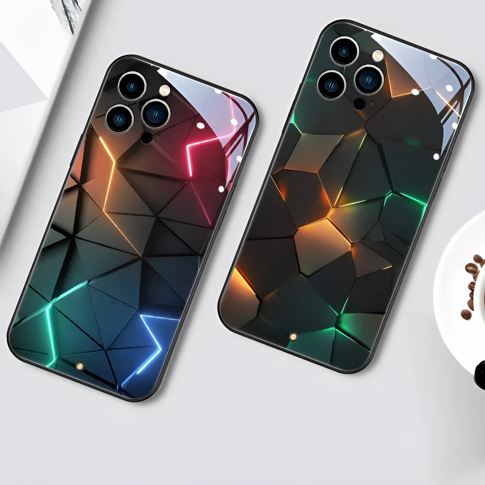 Clear tempered glass iPhone case with a light-up notification panel on the back.