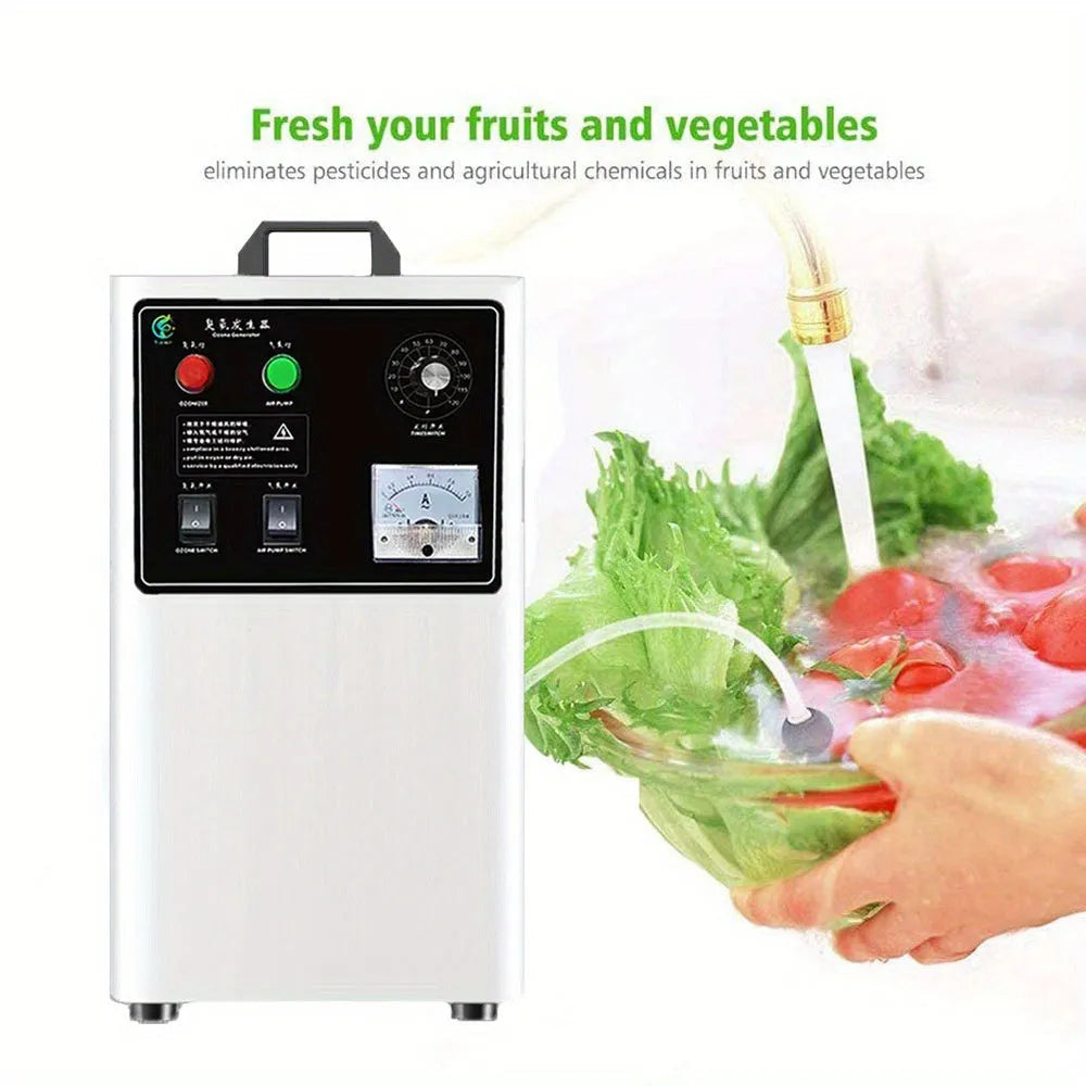 Ozone generator machine for fruit and vegetable treatment in stainless steel or white finish.