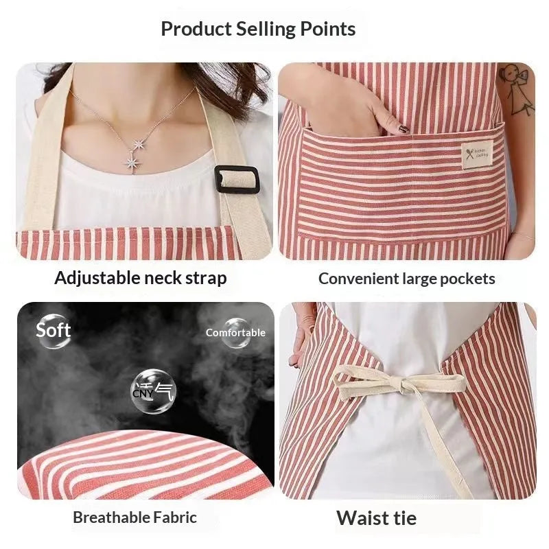 Linen stripe apron in blue, breathable anti-stain kitchen apron for household chores, one size