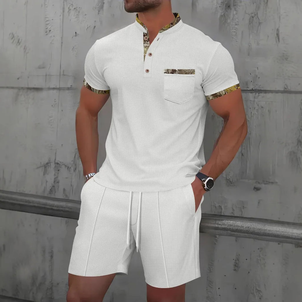 Men's grey waffle texture zip-front polo collar short sleeve suit with matching shorts