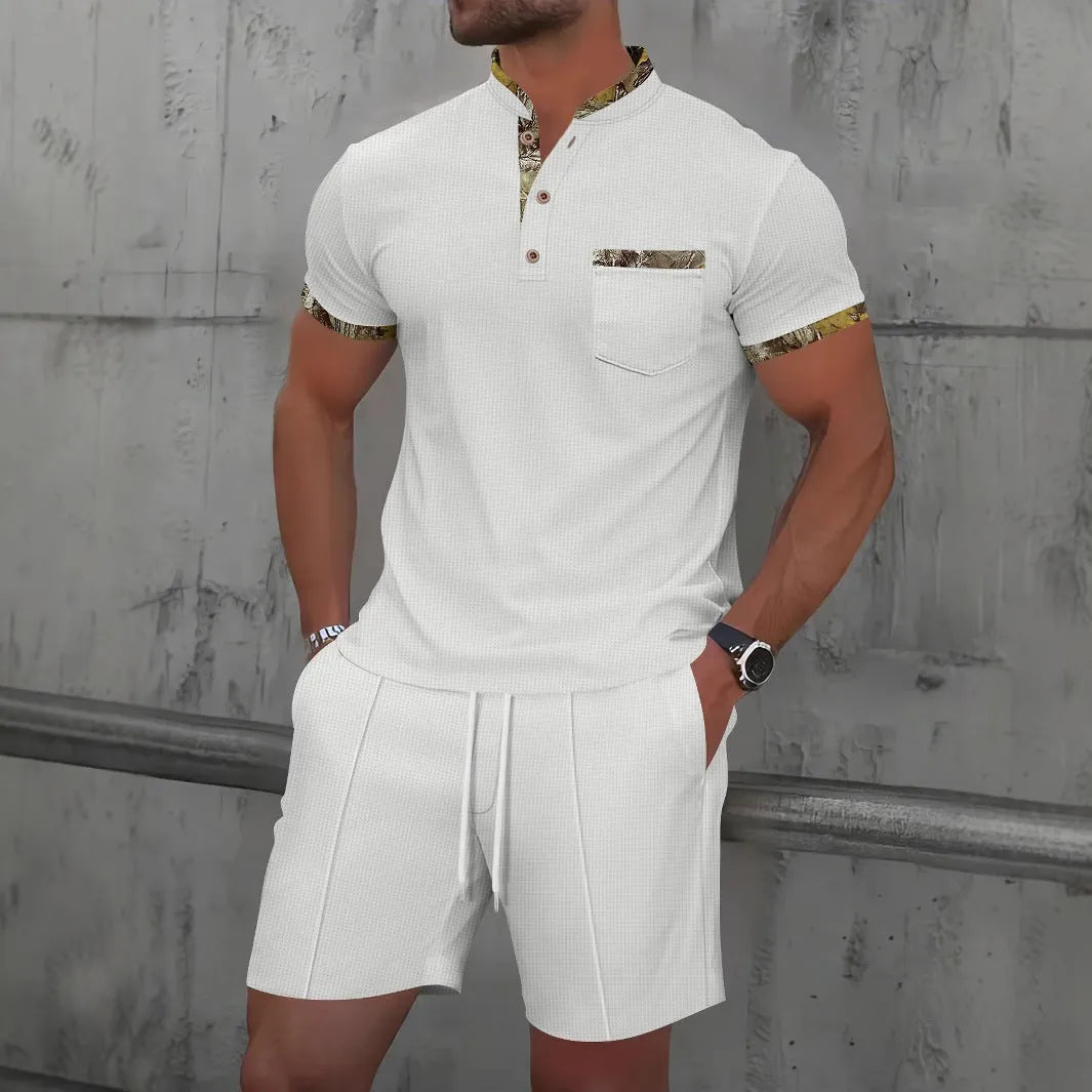 Men's grey waffle texture zip-front polo collar short sleeve suit with matching shorts