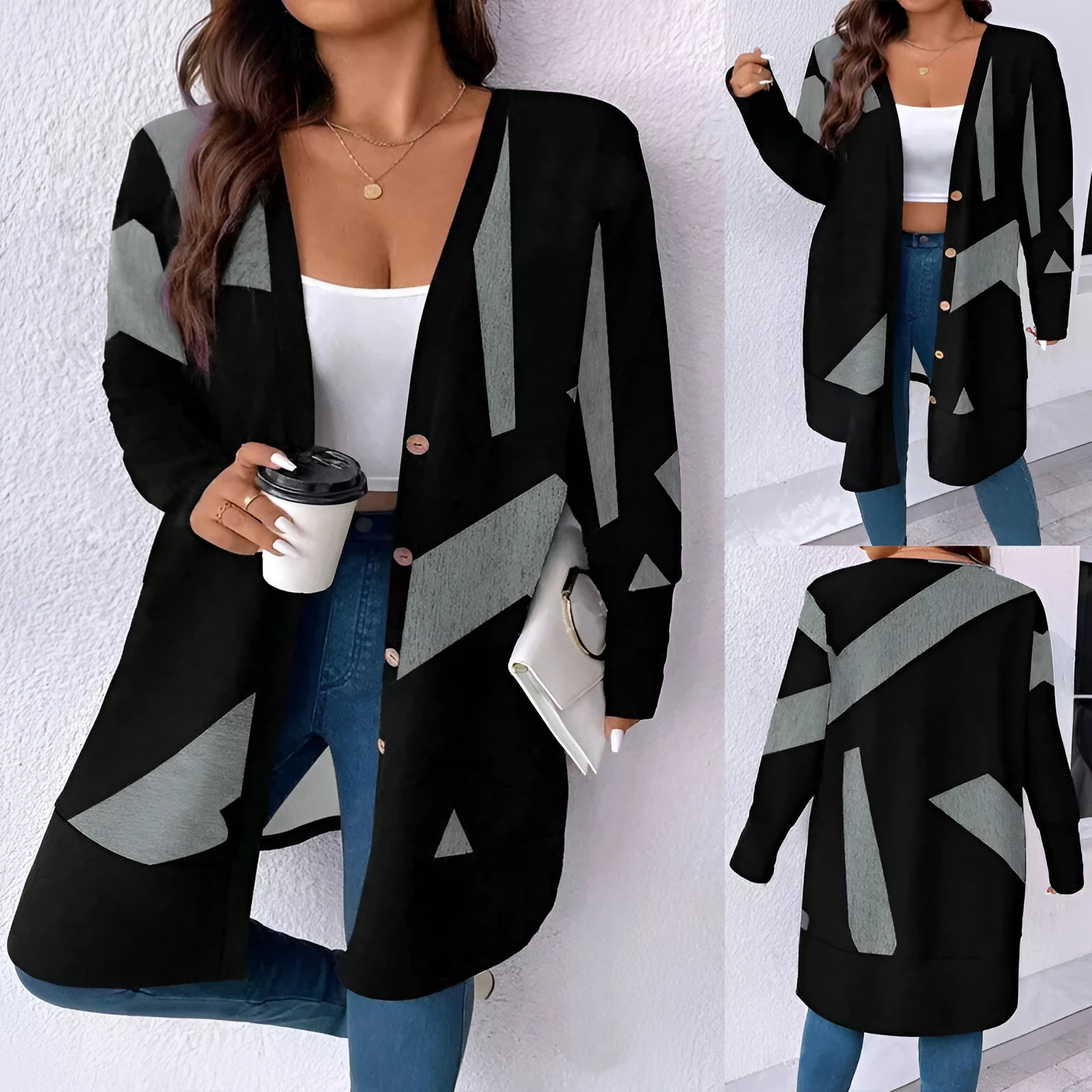 Black loose casual plus size cardigan coat with button stitching in Japanese Korean style