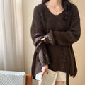 V-neck halter ribbon loose lazy style mid-length sweater in polyester for women
