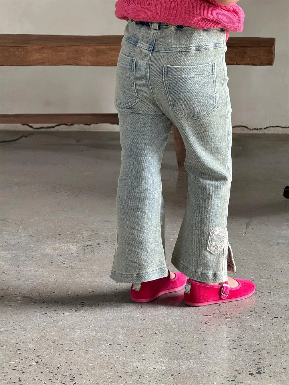 Girls vintage lace bow bell-bottom denim pants in picture colour with hair band belt fly
